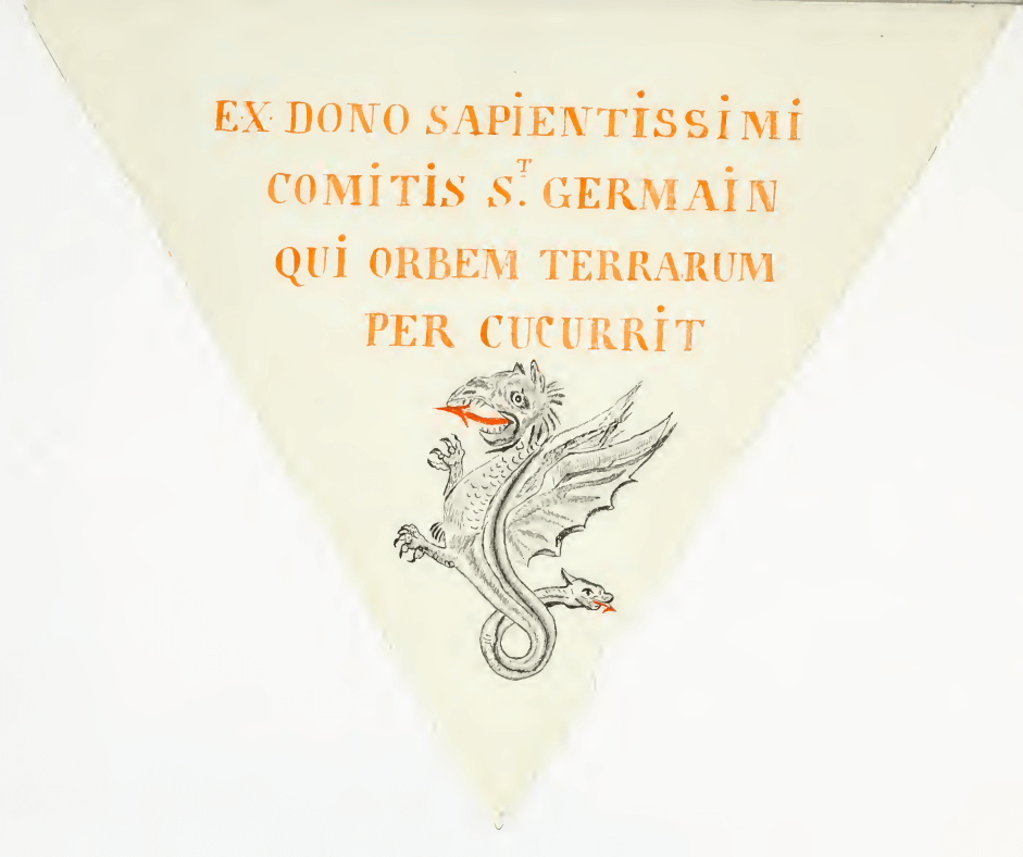 Title folio of the Triangular Book of St. Germain showing Latin inscription ‘Ex Dono Sapientissimi Comitis S. Germain’ and a dragon emblem symbolizing alchemical guardianship.