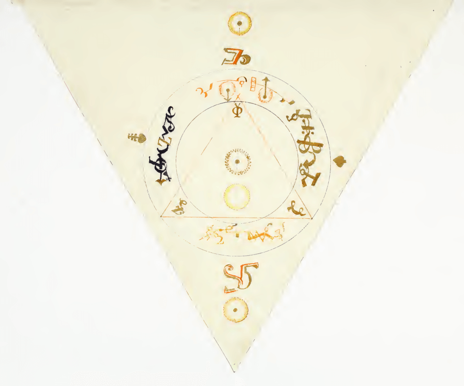 Illuminated manuscript folio from the Triangular Book of St. Germain with concentric circles and alchemical sigils forming a ritual diagram in gold and red ink.